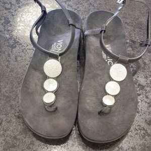 Vionic Black and Silver Comfort Sandals with T-Strap Design